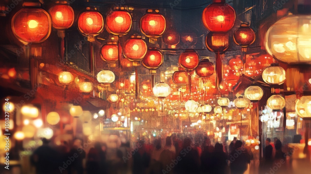 A bustling street lined with red lanterns and glowing lights A bustling street lined with red lanterns and glowing lights