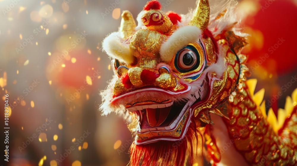 Fototapeta premium Close-up of a Golden Dragon Costume during a Chinese New Year Celebration