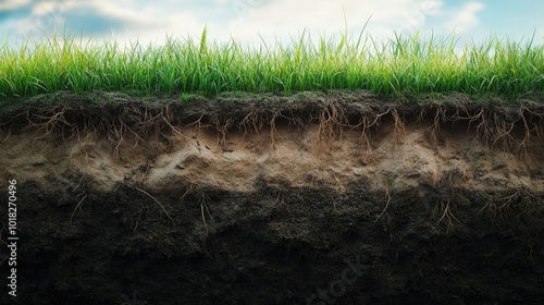Detailed cross-section of earth with grass growing on top, showing the roots and soil layers beneath, with intricate textures and clarity