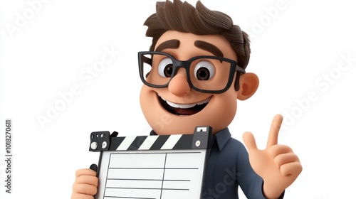 Cartoon film director with a clapperboard and movie script, isolated on a white background