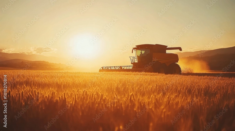 Fototapeta premium A backlit combine harvester working in a cereal field, its silhouette outlined by the warm glow of the sunset, evoking themes of agriculture and harvest.