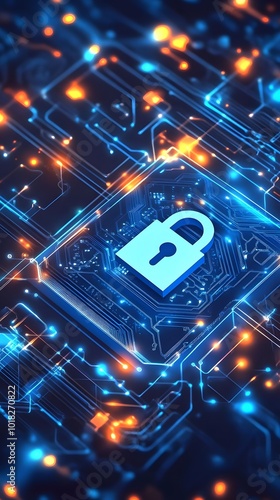 A digital lock symbol on top of an electronic circuit board, representing data security and cyber protection.