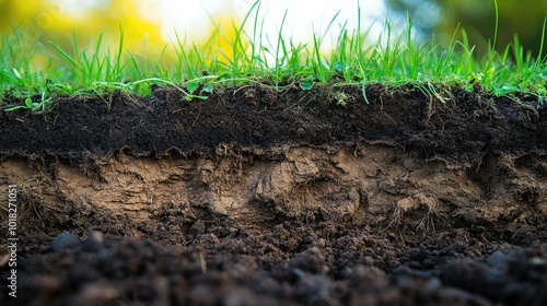 Detailed cross-section of soil with green grass on top, revealing the natural layers of earth and roots in intricate detail