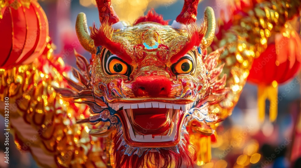 Fototapeta premium Close-up of a Golden and Red Chinese Dragon Costume