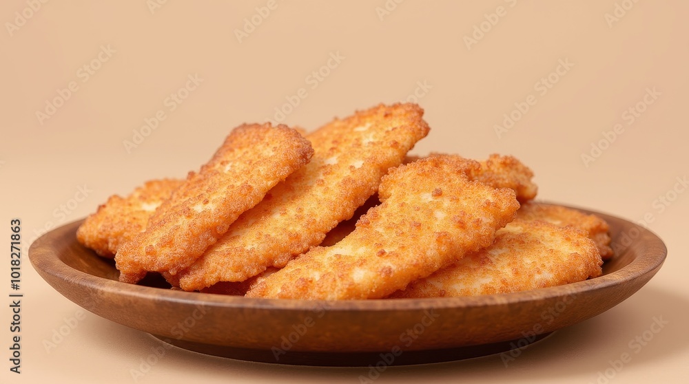 Crispy Golden Baked Crackers Arranged in a Wooden Bowl on a Neutral Background in a Cozy Kitchen Setting Crispy Golden Baked Crackers Arranged in a Wooden Bowl on a Neutral Background in a Cozy Kitchen Setting