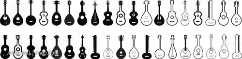 Mandolin Violin silhouette vector arts illustration. Black electric and acoustic music instrument, rock jazz mandolin silhouette, music band mandolin, violin vector illustration icons set String