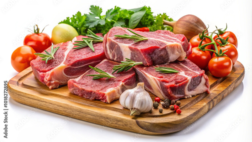 Fresh Raw Beef Steaks with Vegetables and Herbs on Wooden Board Fresh Raw Beef Steaks with Vegetables and Herbs on Wooden Board