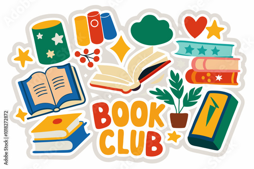 Colorful book club sticker collection featuring books, plants, and decorative elements