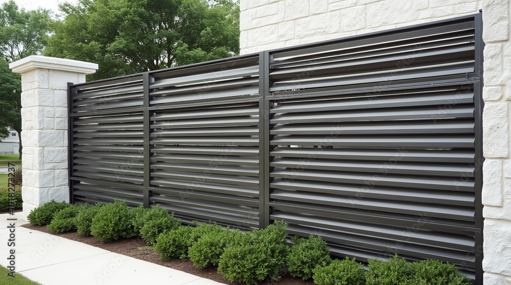 Modern Gray Privacy Fence Design With Tapered Slats and Greenery in Residential Area Modern Gray Privacy Fence Design With Tapered Slats and Greenery in Residential Area