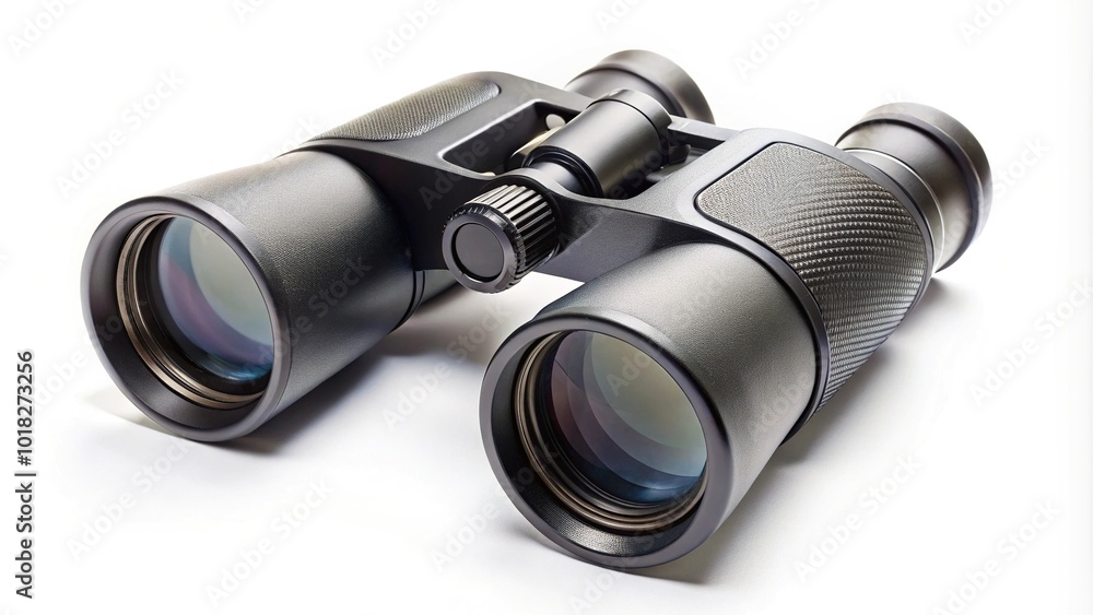 Modern black binoculars with forced perspective isolated on white background Modern black binoculars with forced perspective isolated on white background