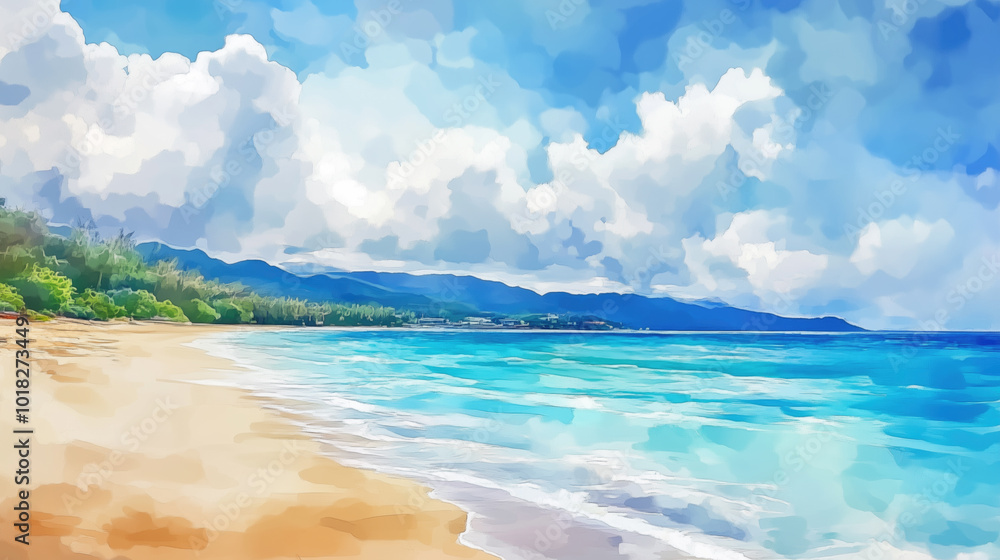 A painting of a beach with a blue sky and ocean waves. The mood of the painting is calm and peaceful A painting of a beach with a blue sky and ocean waves. The mood of the painting is calm and peaceful
