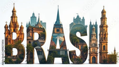 Stunning Brasil Text Art Featuring Iconic Landmarks and Architecture in Vibrant Greenery #1018273856