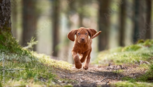 ten week old puppy of vizsla dog running in the forrest in spring time photo