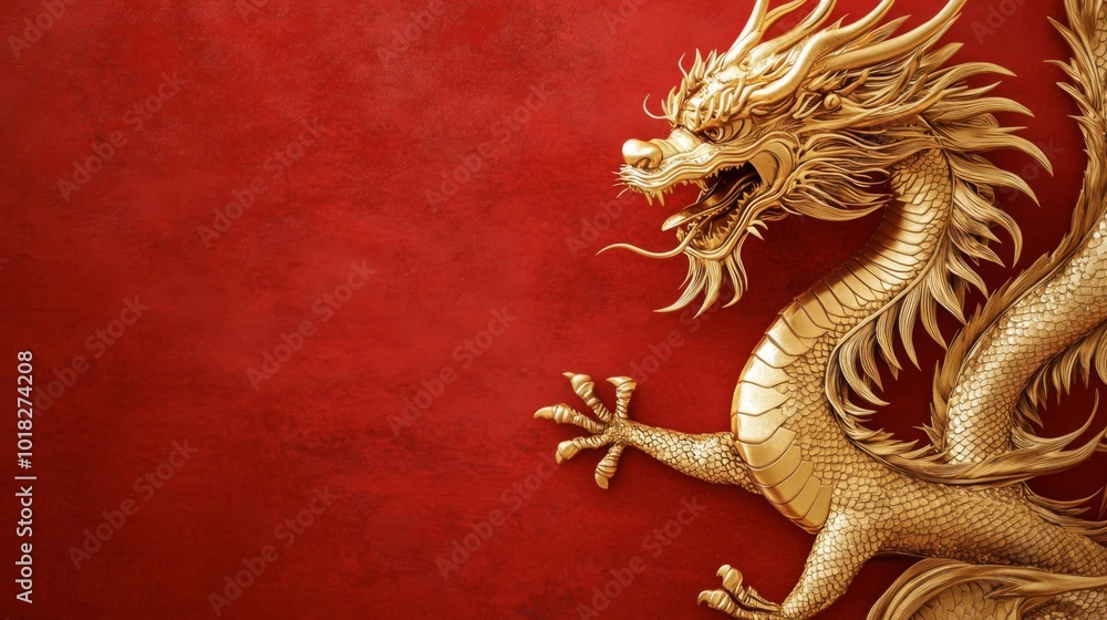 Fototapeta premium Golden Chinese Dragon on Red Background