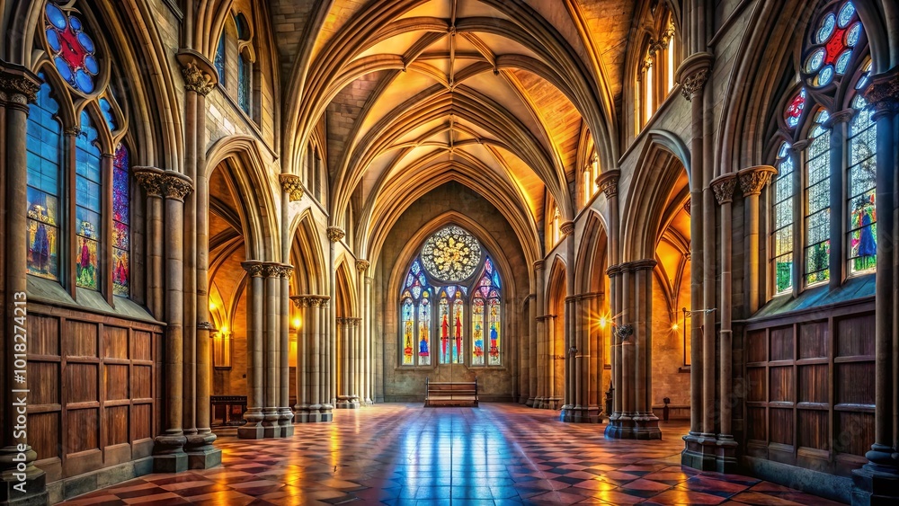 Fototapeta premium A vaulted cathedral aisle bathed in the warm glow of sunlight streaming through stained glass windows, creating a mosaic of light and shadow on the patterned floor.