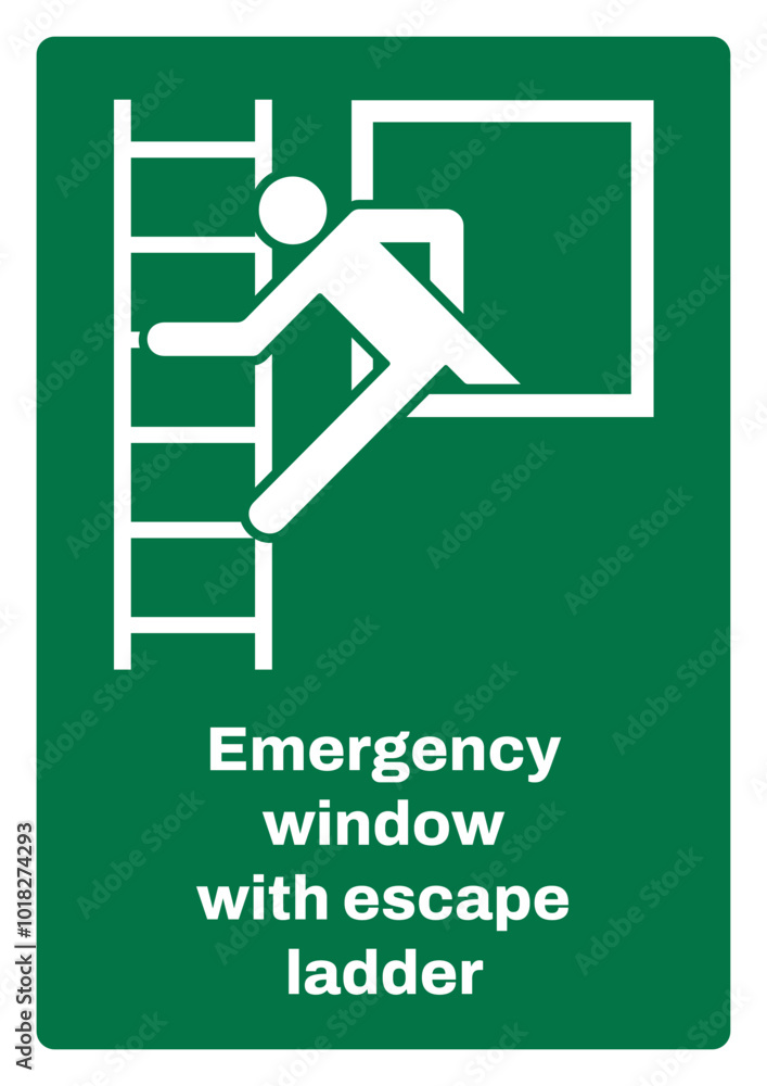OSHA/ANSI emergency and first aid safety signs sentence case text_emergency window with escape ladder_portrait size a4/a3/a2/a1 OSHA/ANSI emergency and first aid safety signs sentence case text_emergency window with escape ladder_portrait size a4/a3/a2/a1