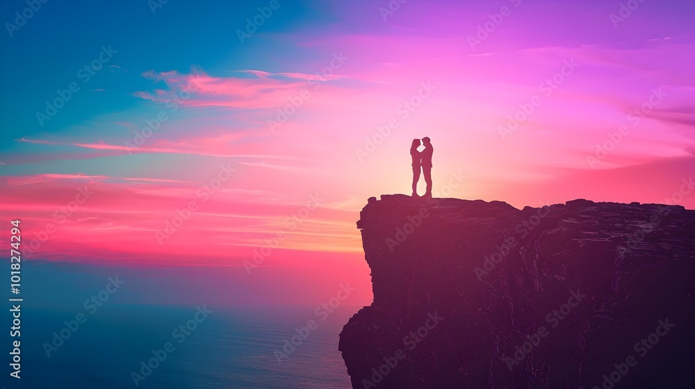 Silhouetted Couple Embracing on Cliffside at Stunning Sunset Silhouetted Couple Embracing on Cliffside at Stunning Sunset