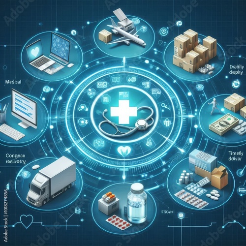 Efficient healthcare supply chain management ensures timely delivery of medical supplies and medications. Concept Healthcare Supply Chain Management, Timely Delivery, Medical Supplies, Medications photo