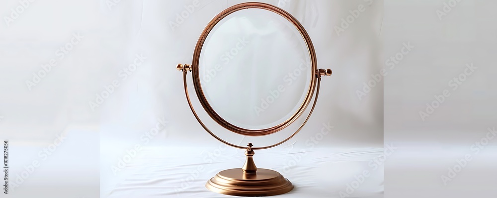 Isolated elegant rose gold table mirror with stand, white backdrop, high-res, realistic photo Isolated elegant rose gold table mirror with stand, white backdrop, high-res, realistic photo