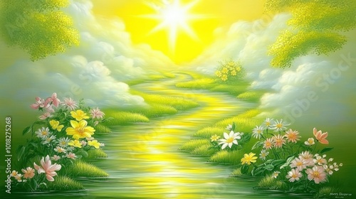 A winding path through a lush green meadow with colorful flowers leads to a bright sun in the distance.
