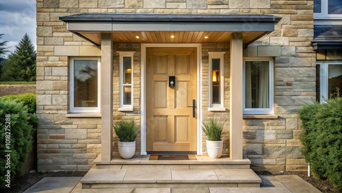 Modern cream front door with small windows framed by slate exterior and wooden porch illuminated by sunlight