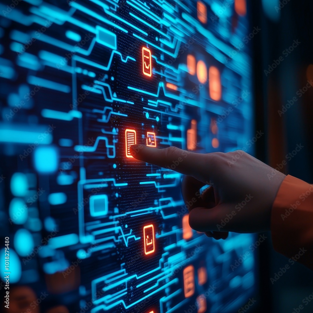 Hand interacting with a digital interface featuring vibrant circuitry. Hand interacting with a digital interface featuring vibrant circuitry.