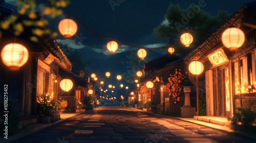 Illuminated Street in a Japanese Village at Night