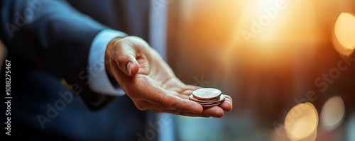 Hand holding a coin, warm light background