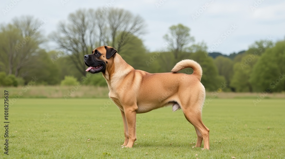 A Majestic Bullmastiff Stands Proudly in a Green Meadow on a Sunny Day A Majestic Bullmastiff Stands Proudly in a Green Meadow on a Sunny Day