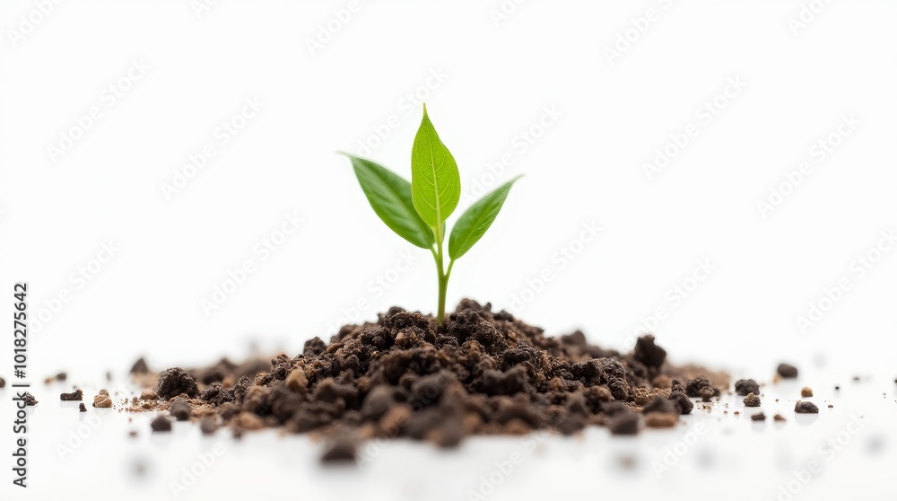 A Small Green Plant Emerges From Soil Against a White Background in a Bright, Minimalistic Setting A Small Green Plant Emerges From Soil Against a White Background in a Bright, Minimalistic Setting