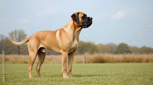 A Confident Mastiff Standing Tall on a Grassy Field During a Bright, Sunny Afternoon