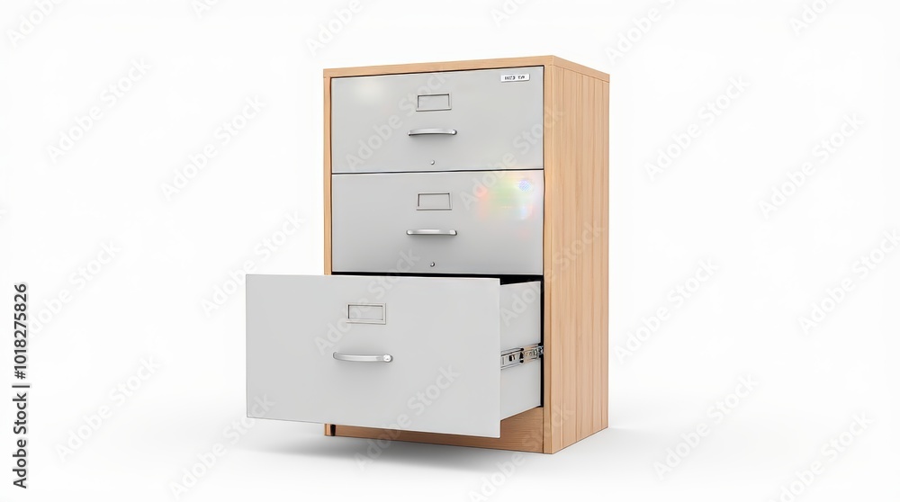 Modern Three-Drawer Filing Cabinet With Open Drawer in an Office Setting Modern Three-Drawer Filing Cabinet With Open Drawer in an Office Setting
