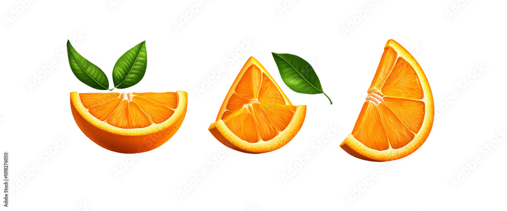 Fresh Orange Slices with Green Leaves Fresh Orange Slices with Green Leaves