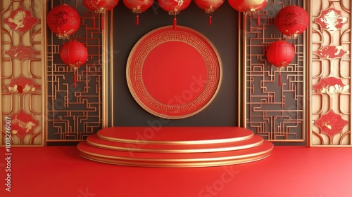 Red and Gold Chinese New Year Background with a Circular Platform