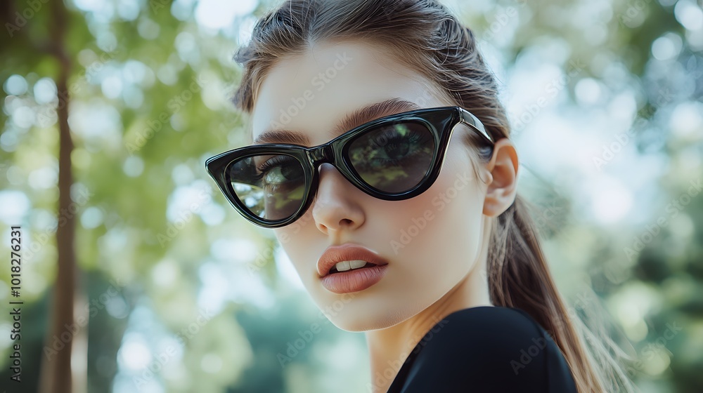 5. A model holding a trendy pair of sunglasses in a park 5. A model holding a trendy pair of sunglasses in a park