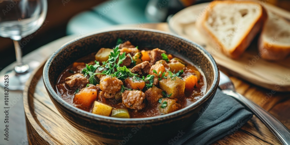 Traditional Irish Stew Served in a Rustic Bowl with Fresh Bread Traditional Irish Stew Served in a Rustic Bowl with Fresh Bread