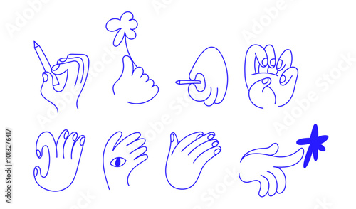Vector line simple illustrations, hands and gesture in outline style, sticker gesture, print and poster design
