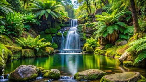 Serene Waterfall Cascading into a Pool of Emerald Green Water Surrounded by Lush Ferns, Moss-Covered Rocks, and a Canopy of Vibrant Foliage