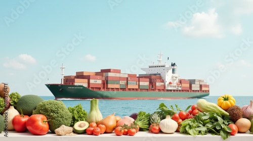 Cargo Ship Transporting Fresh Produce Across the Ocean Under a Blue Sky on a Sunny Day photo