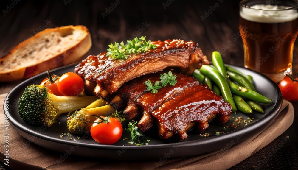 A barbecue pork ribs with a thick sauce on top, sautéed vegetables A barbecue pork ribs with a thick sauce on top, sautéed vegetables