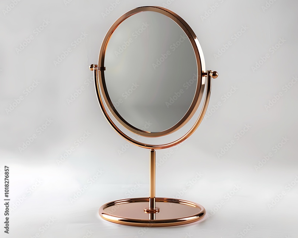 Isolated photo of elegant rose gold table mirror with stand, white backdrop, high-res, Isolated photo of elegant rose gold table mirror with stand, white backdrop, high-res,