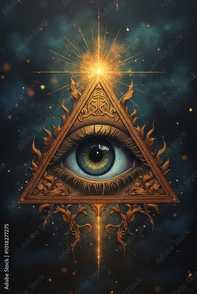 Mysterious Eye in a Triangle, Illuminated by a Starburst on a Dark Background Mysterious Eye in a Triangle, Illuminated by a Starburst on a Dark Background