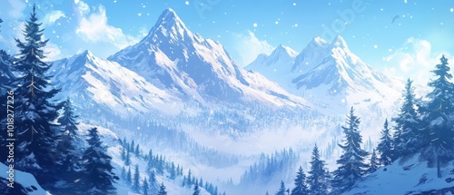 Wallpaper Mural Scenic Snow-Capped Mountains and Evergreen Trees in Winter Torontodigital.ca