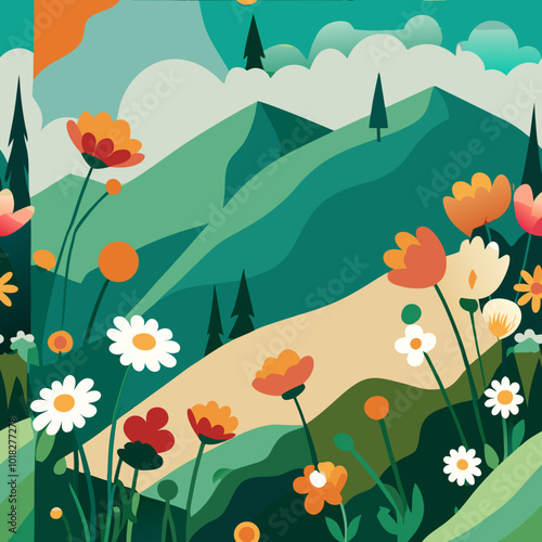 Wildflowers bloom on the mountainside. Seamless pattern - vector background.