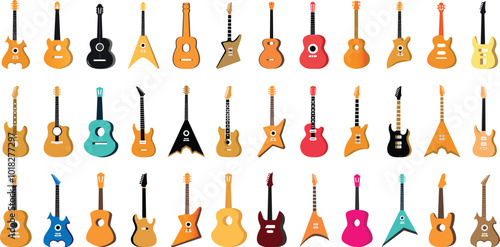 Guitars vector art illustration. Electric and acoustic, bass, Cartoon music instrument, rock jazz guitar silhouette, music band guitars set of different colors vector icons.