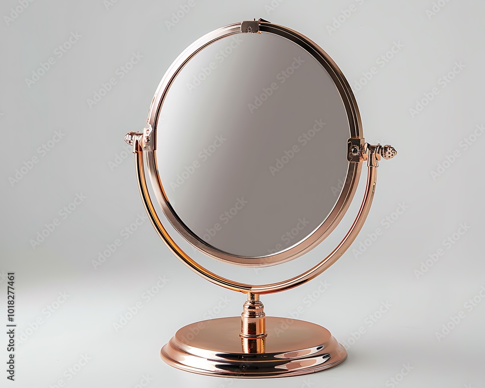Isolated photo of elegant rose gold table mirror with stand, white backdrop, high-res, Isolated photo of elegant rose gold table mirror with stand, white backdrop, high-res,