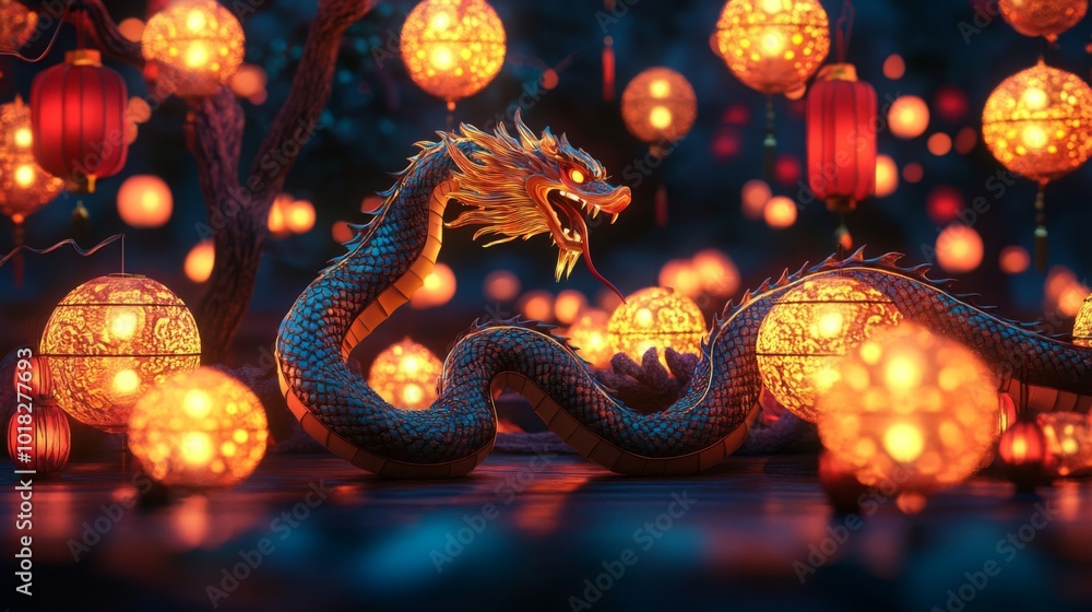 Obraz premium A Golden Dragon Among Illuminated Lanterns