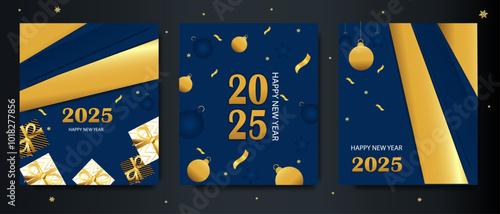 Stylish 2025 New Year greeting card design with gold and blue color scheme, wrapped gifts, ornaments, and festive ribbons