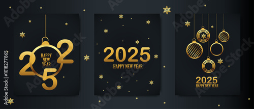 Luxurious New Year 2025 greeting card set with gold ornaments, snowflakes, and dark backgrounds for festive celebrations