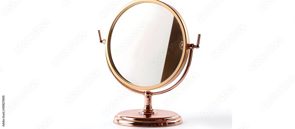 Isolated photo of rose gold table mirror with stand, white background, high-res, Isolated photo of rose gold table mirror with stand, white background, high-res,